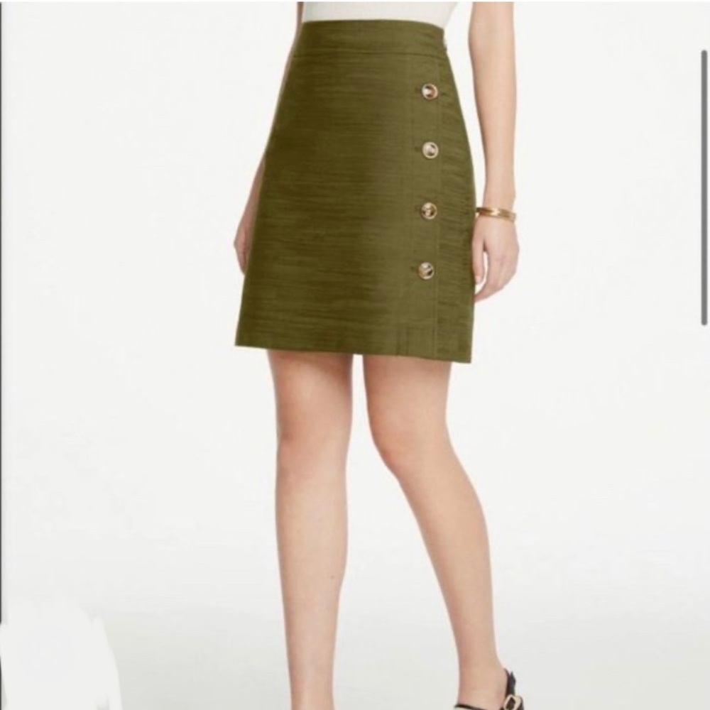 Ann Taylor Factory Side Button A-Line Skirt Shimmering Olive Green Mini 14